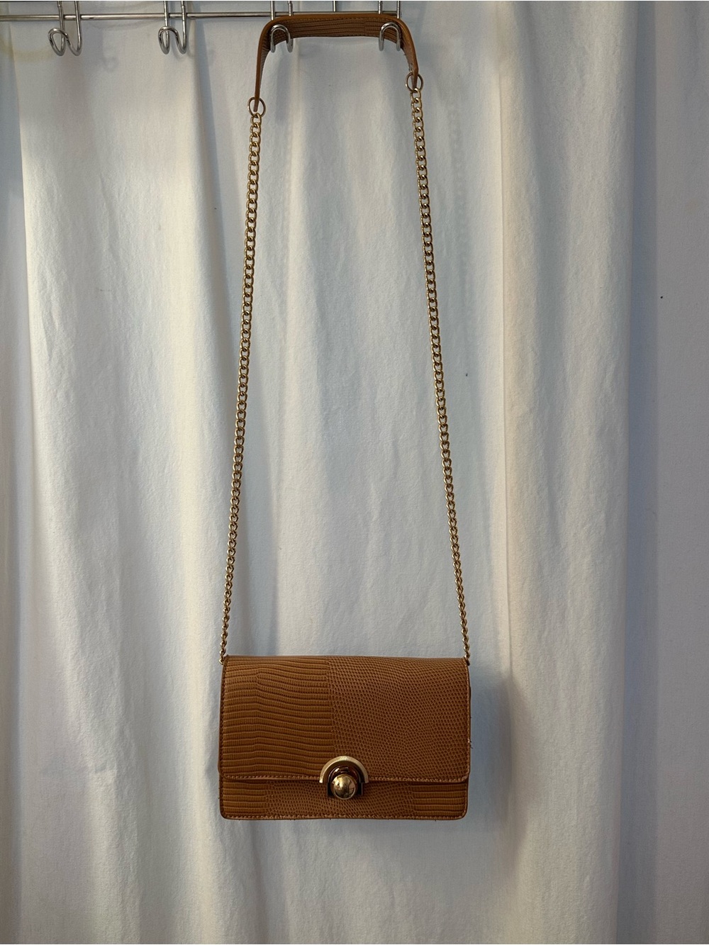 Brown Faux Leather/Crocodile Crossbody Bag with Gold Chain Strap